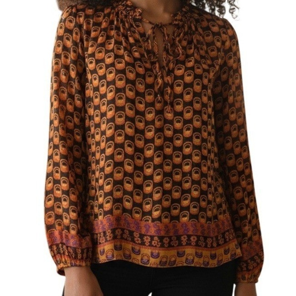 CUPCAKES AND CASHMERE Geometric Boho Ruffle Tie Neck Long Sleeve Blouse EUC XS
